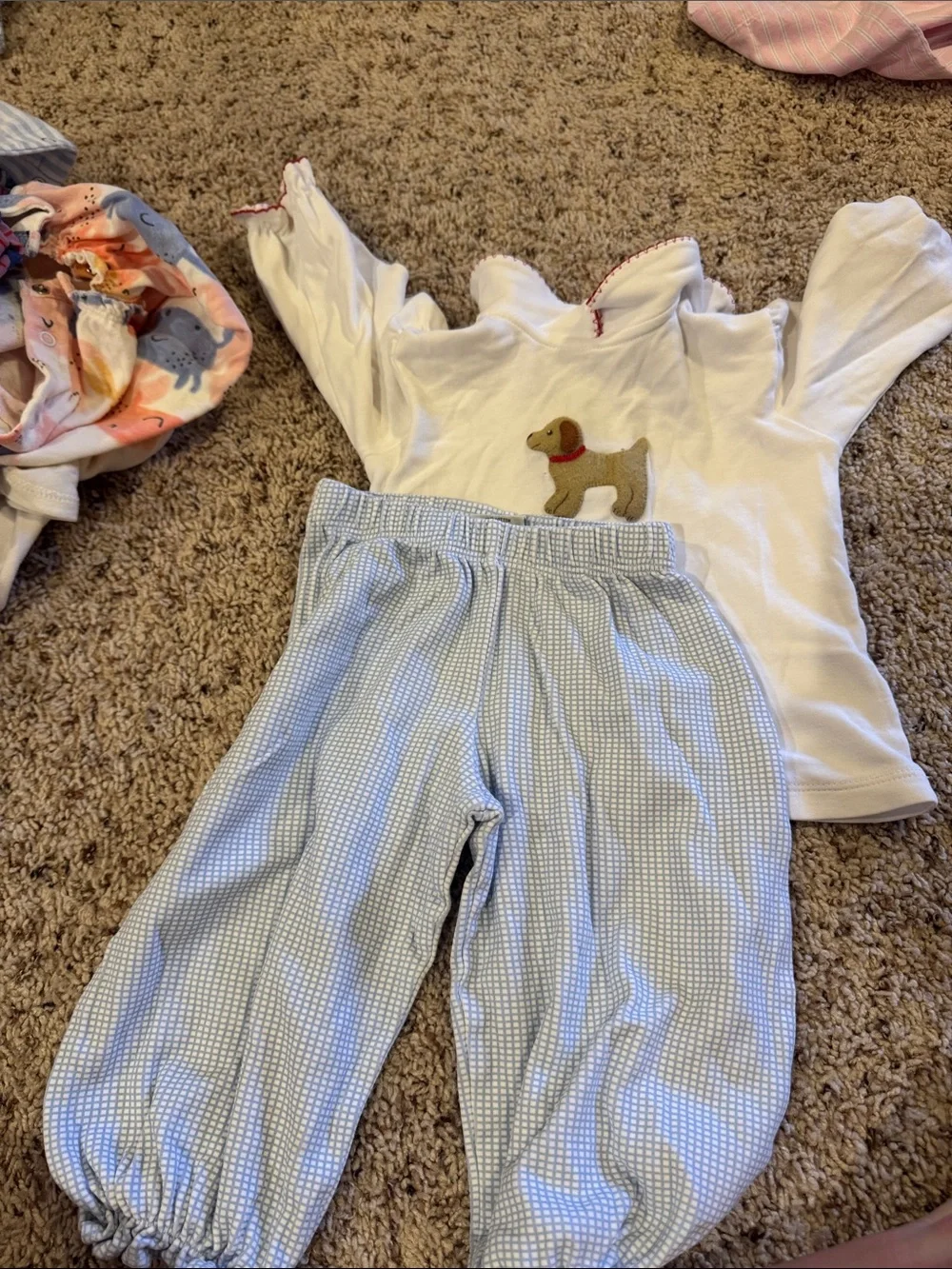White Dog Applique Kids Pajama Top with Light Blue Check Pajama Pants